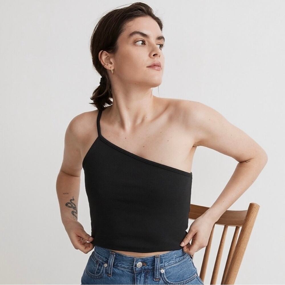 Madewell One Shoulder Crop Tank Top in Sleekhold Black Size XS